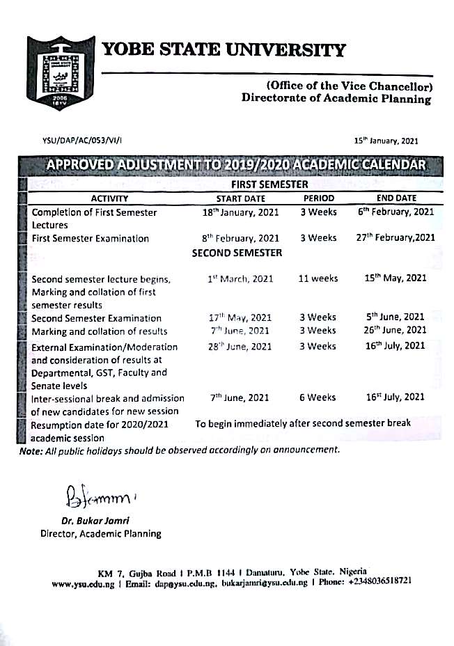 Resumption Of Academic Activities Approved Adjustment To 2019 2020 Academic Calendar Yobe State University